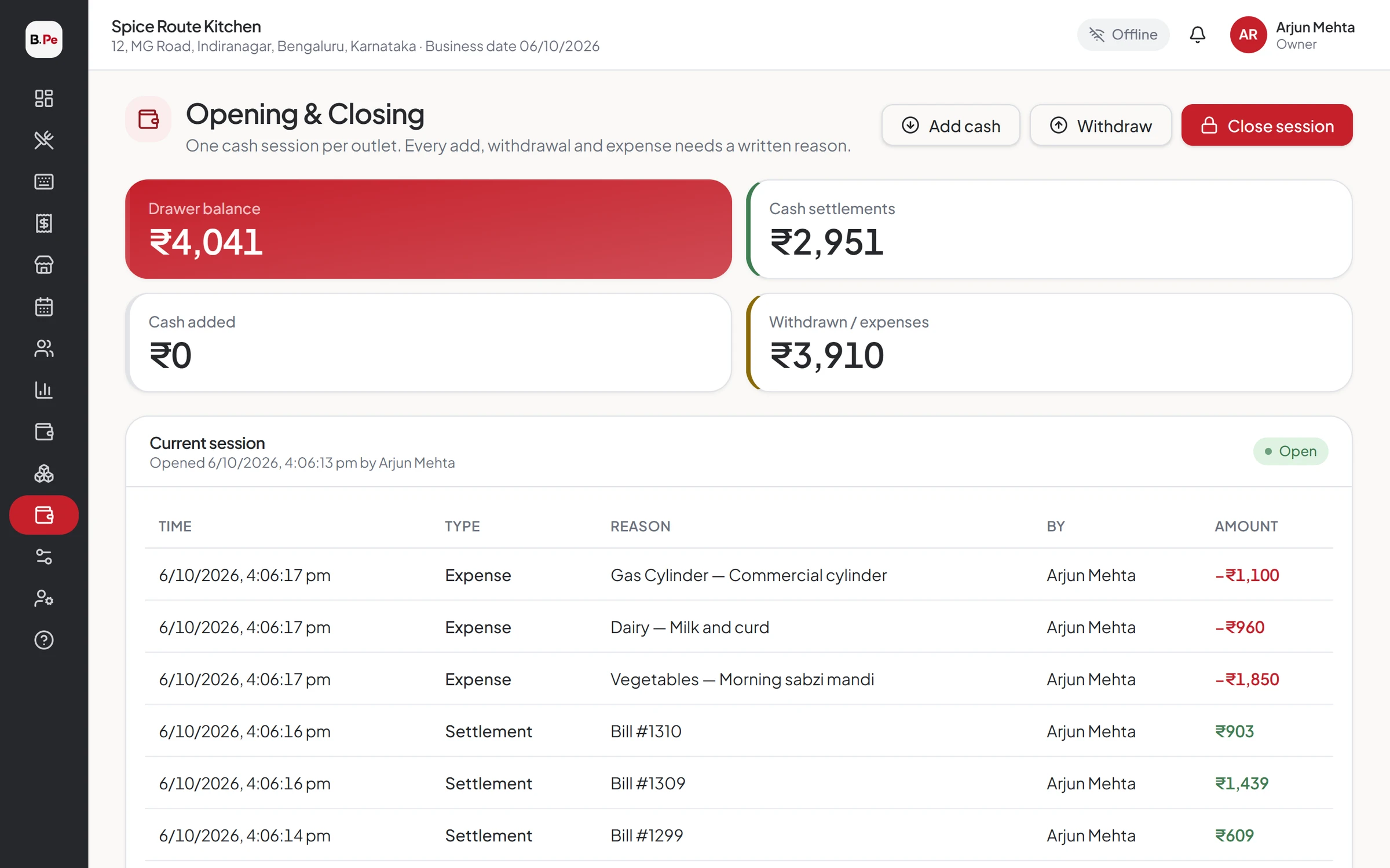 Opening and closing: cash drawer balance, sales and expenses