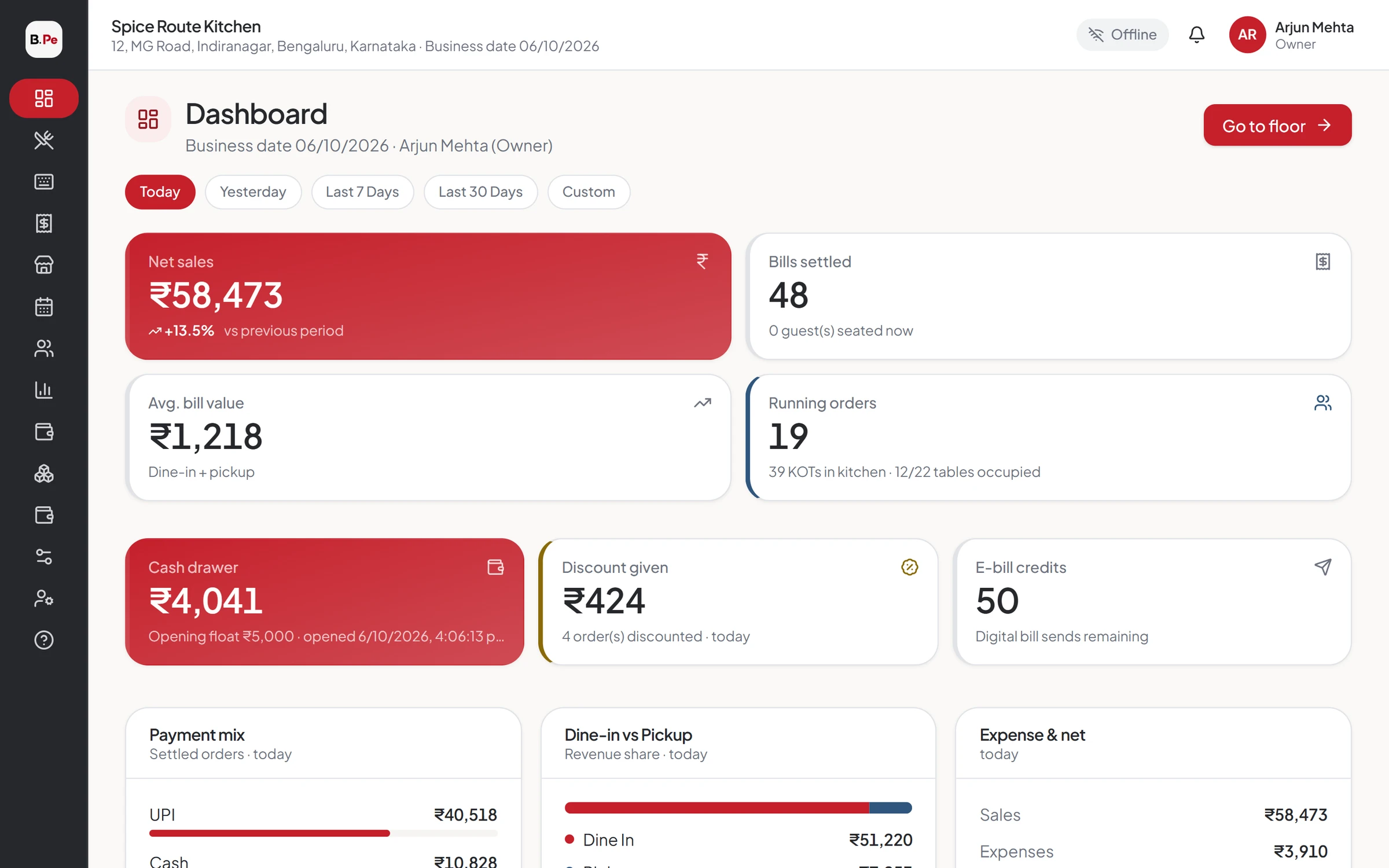 BillerPe dashboard with today's net sales, bills, payment mix and cash drawer