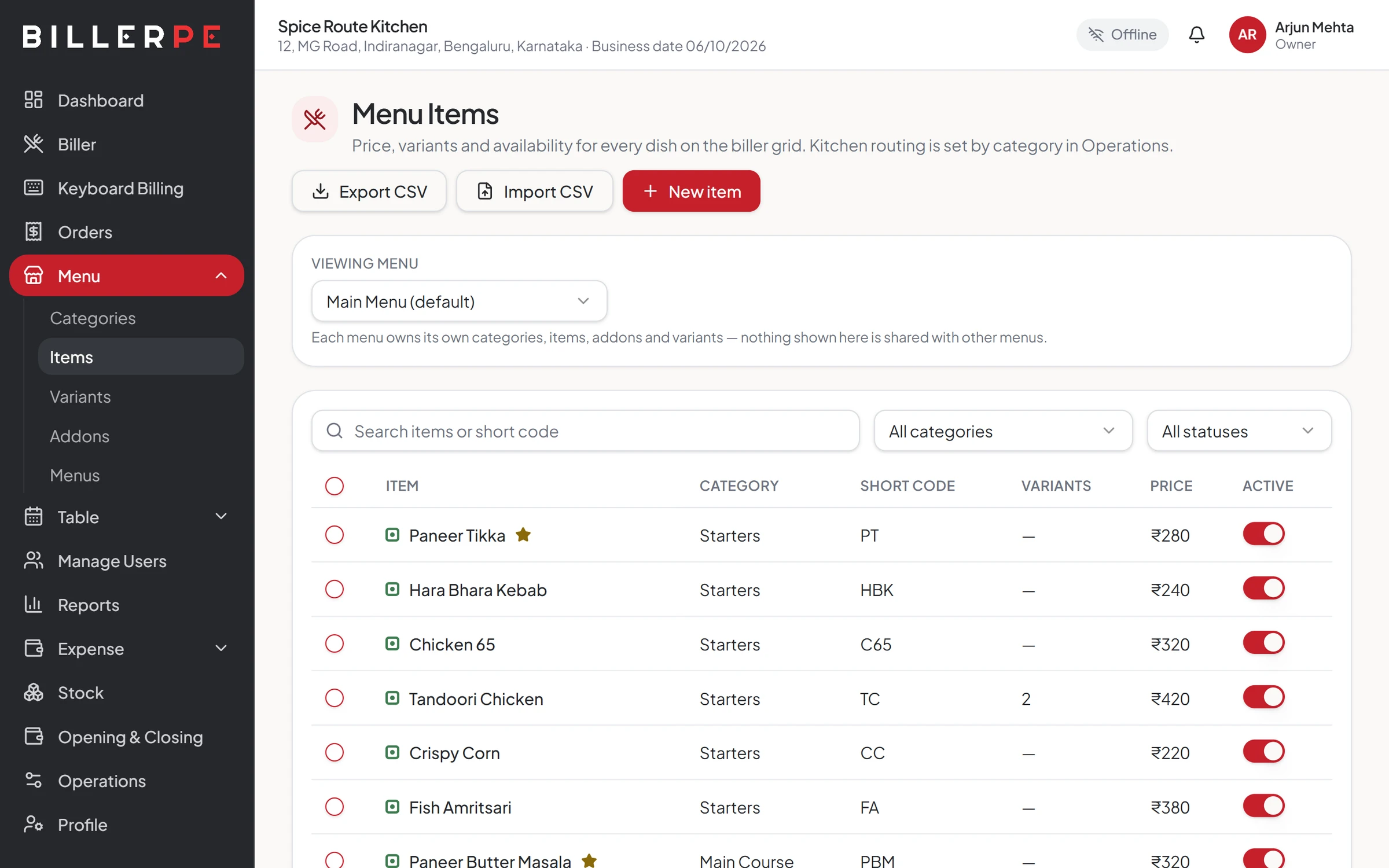 Menu items with categories, short codes, variants and prices