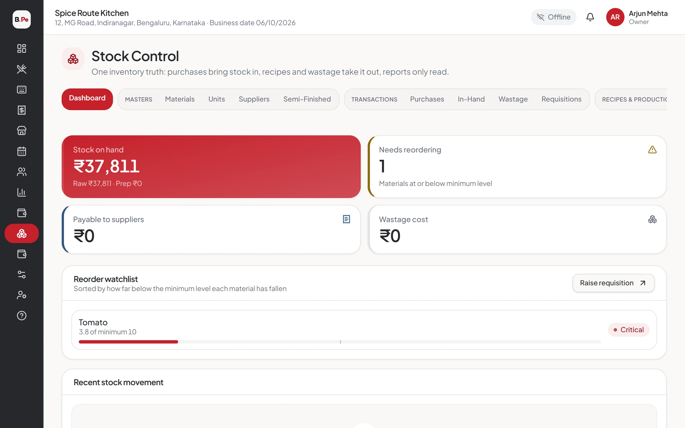 Stock control dashboard with stock value and reorder alerts
